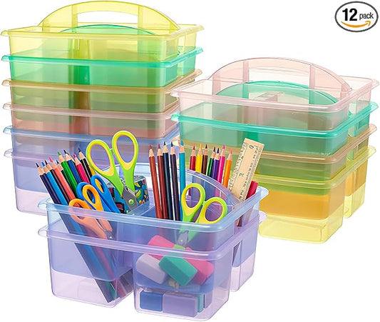 Threehoney 12 Pack Classroom Caddy Storage Basket with Handle 3 Compartment Plastic Storage Caddy Bulk for Arts Office Crafts Pencil Crayon Marker School Supplies (Transparent)