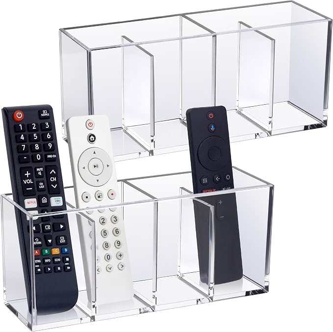 Amazing Abby Remote Control Holder (2-Pack), Clear Plastic 4-Compartment Organizer for TV Remote, Shatter-Proof Storage Box for Media Players, Controllers, and Office Supplies