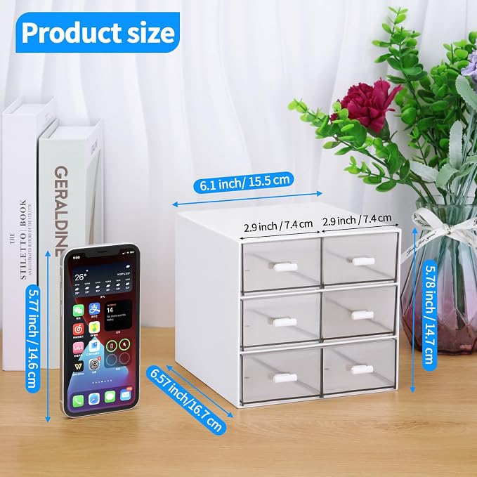 Desk Organizer with 5 Drawers, Rectangular Office Stationery Supplies Desktop Drawers, Plastic Makeup Storage, Suitable for Office, School, Home (White & 6 Drawers)