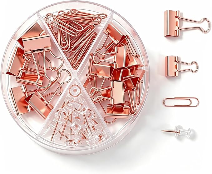 4-in-1 Office Supplies Kit, Assorted Desk Accessories Organizer Set with Binder Clips, Paper Clips & Push Pins, Aesthetic Stationery Fasteners for School College Dorm Home Office Decor - Rose Gold