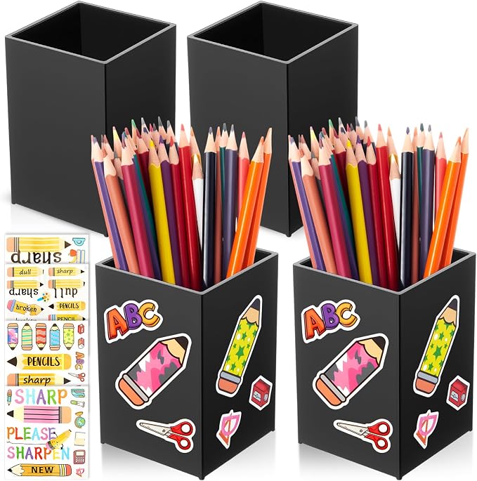 Funrous 4 Pack Black Acrylic Pen Pencil Holder Desktop Pencil Dispenser Makeup Brush Holder Organizer with Colorful Stickers for School Office Home Supplies, 3.94 x 2.56 x 2.56 Inches