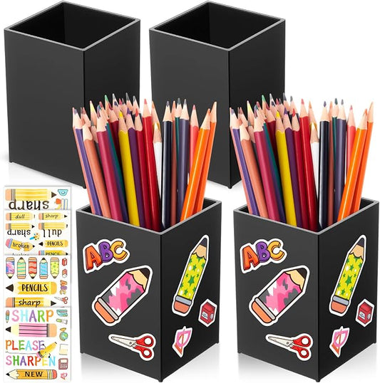 Funrous 4 Pack Black Acrylic Pen Pencil Holder Desktop Pencil Dispenser Makeup Brush Holder Organizer with Colorful Stickers for School Office Home Supplies, 3.94 x 2.56 x 2.56 Inches
