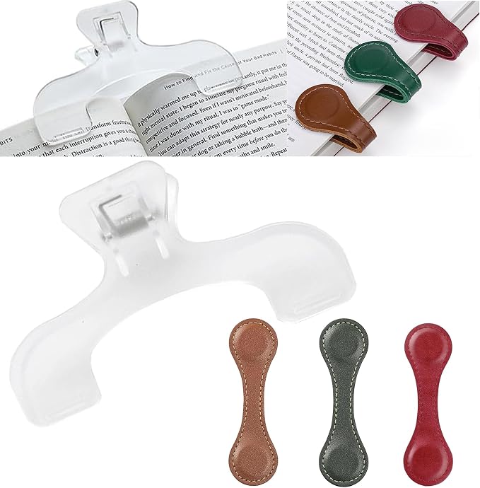 Magnetic Leather Bookmarks Set with Transparent Book Holder,Double Sided Strong Magnetic Page Markers,Hands Free Reading Book Clips for Book Lovers Students Teachers Sheet Music Class Notes