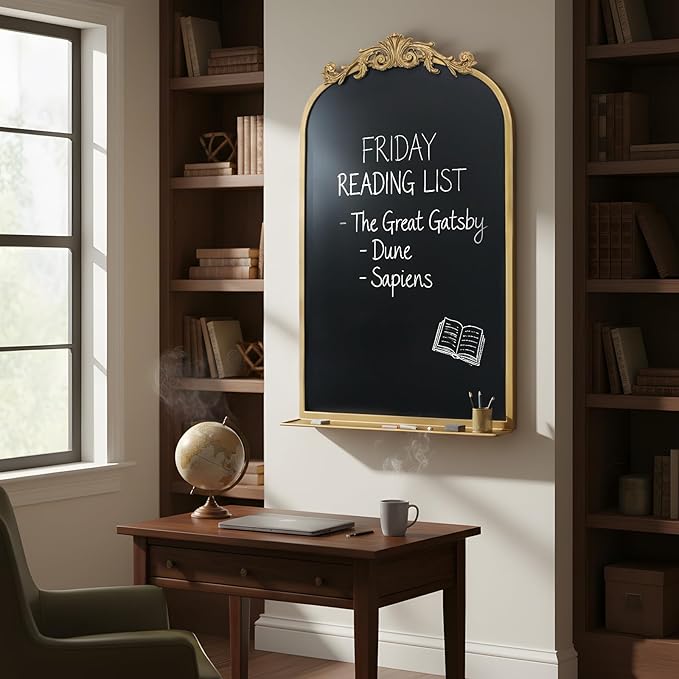 Vintage Magnetic Arch Chalkboard with Shelf - 19"x31" Decorative Wall Mounted Ornate Gold Framed Blackboard with Chalk, Clips & Cloth - Elegant Wedding Sign & Kitchen Menu Home Decor