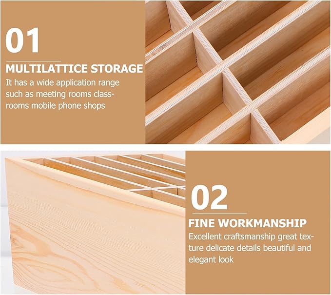 SEWACC Wooden Cell Phone Storage Box 2 Pack 12 Grid Organizer Box Mobile Phone Storage Organizer for Classroom Home Office Desktop Use