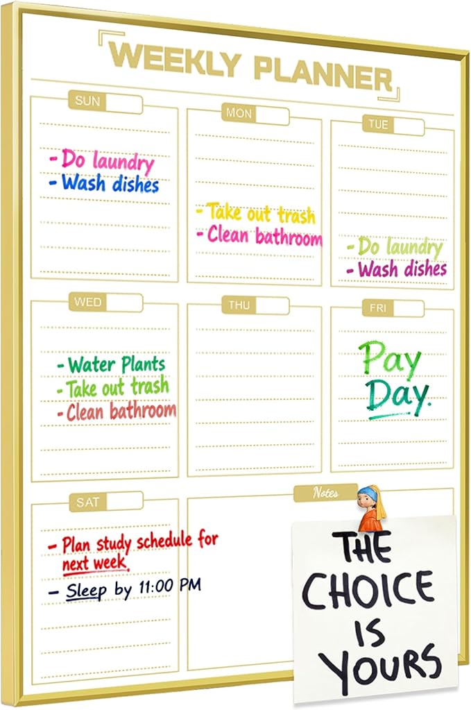 Dry Erase White Board Weekly Calendar Board, Magnetic Whiteboard for Wall,Gold Aluminum Frame Message Board,Vertical, Planner Board for Office, Home, School