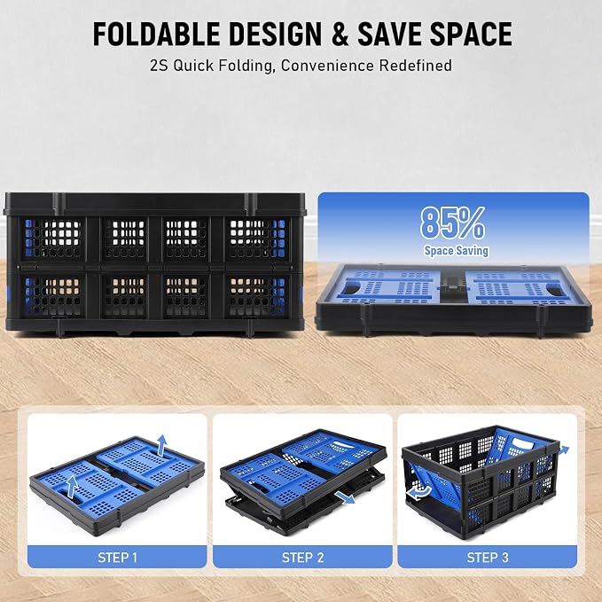 GarveeHome Collapsible Plastic Crate, Foldable Storage Basket, Stackable Utility Crate with Handle, Heavy Duty Milk Crate for Kitchen Office Camping Classroom Storage