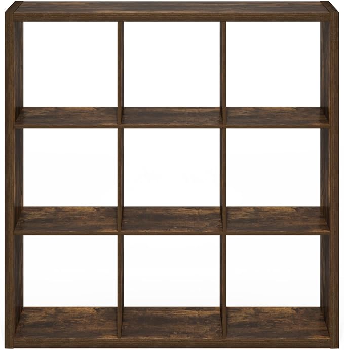 Furinno Cubicle Book Shelf, 9-Cube Bookshelf, Extra Thick Frame Reversible Bookcase with Open Back, 14.6" x 44" x 44", for Living Room, Bedroom, Home Office, Amber Pine