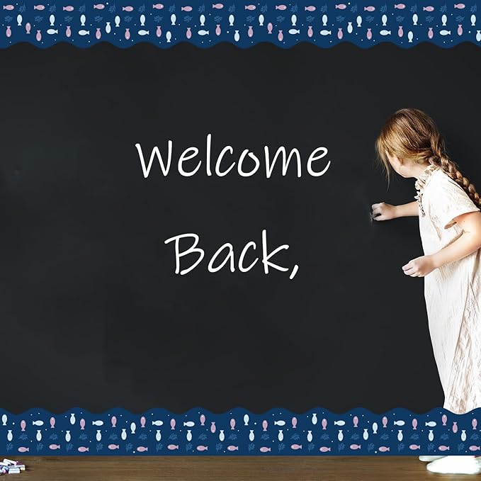 75Ft Ocean Bulletin Board Borders Summer Sea Themed Scalloped Trim Turtle Whale Fish Bulletin Borders Back to School Boho Classroom Home Office Chalkboard Wall Door Decorations for Summer Beach Pool
