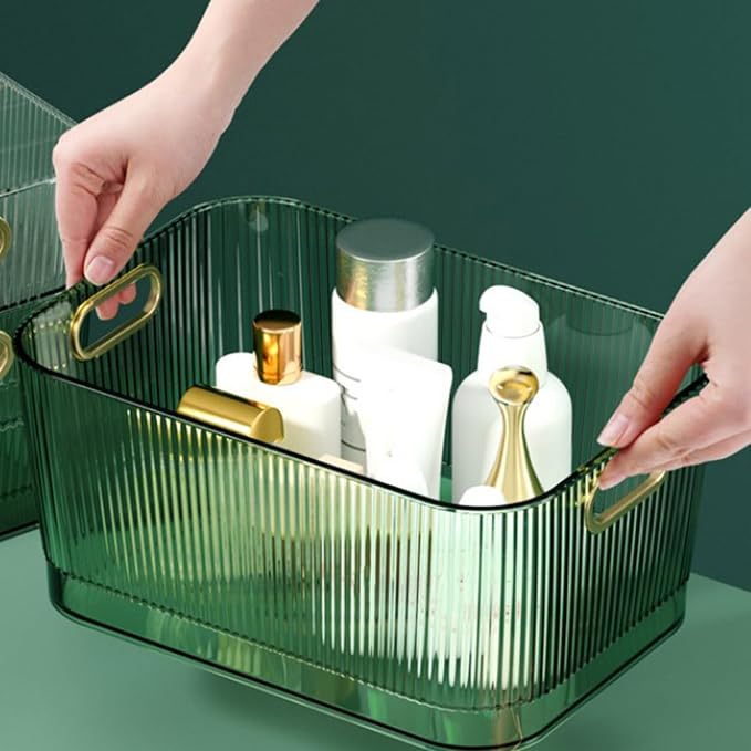 POCREATION Acrylic Storage Bin Clear Green Transparent Desktop Organizer with Convenient Handle for Skincare Products Cosmetics Accessories (M (23x16x10.2cm/9.06x6.30x4.02in))