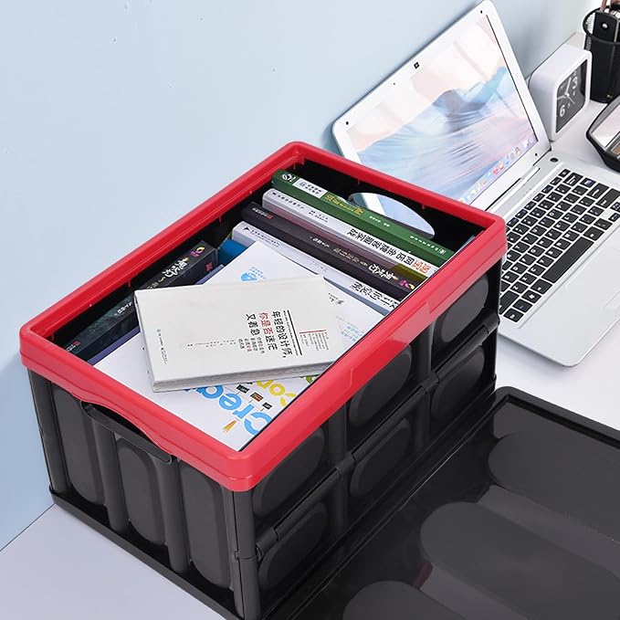 Phyllia 28L-Black Plastic Storage Crates, Pack of 2 Collapsible Plastic Crates Bins Basket, Stackable Storage Boxes Container with Lid for Car Home Office Kitchen Clothes Shoes