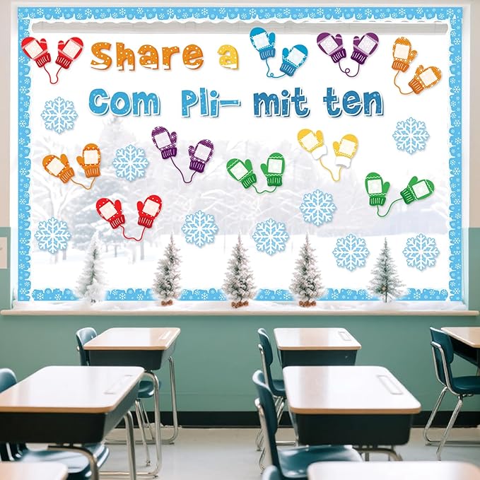 Funrous 45 Pcs Winter Bulletin Board Set Share a Compli-Mitten Interactive Classroom Decor Winter Gloves Snowflake Cutouts Christmas Bulletin Board for Holiday Party School Classroom Home Wall Decor
