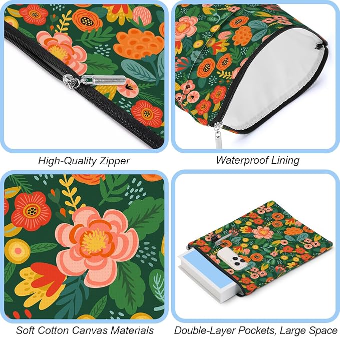 jeilink Book Sleeve Book Protector Book Pouch Book Lovers Gifts Bookish Gifts Book Cover with Zipper for Hardcover Paperback Washable Book Floral Printed Gift Bag for Women Aunt Birthday, BookCover