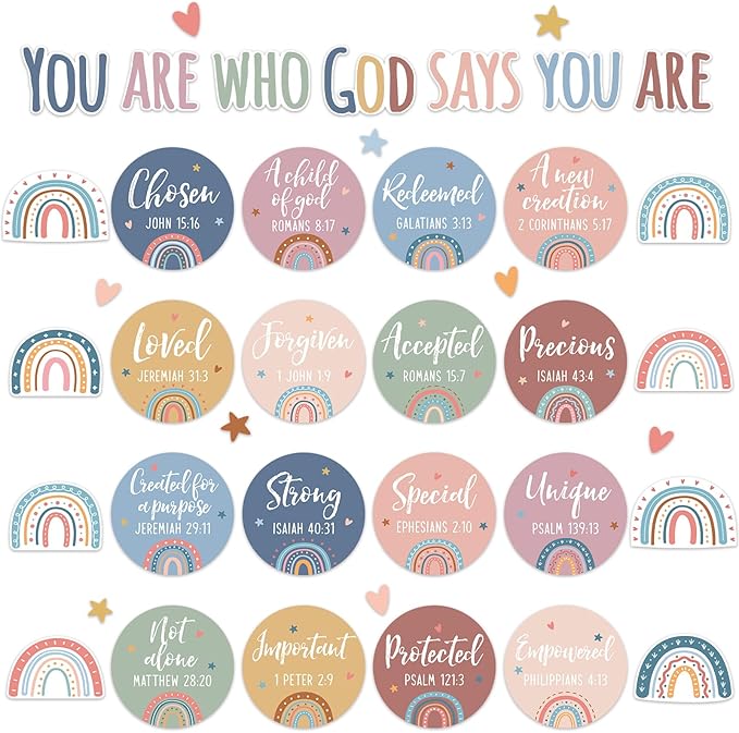 Christian Bulletin Board Decoration Religious Boho Rainbow Bulletin Board Set God Says You are Church Classroom Wall Decor Boho Motivational Inspirational Cutout for Sunday School Home Church Supplies