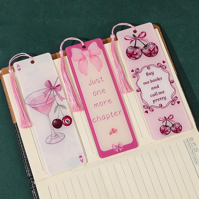 Coquette Acrylic Bookmark Set, 3PCS Pink Bookmarks with Tassel, for Book Lovers, Reading Accessories Gift for Women & Girls(3pc Bow)