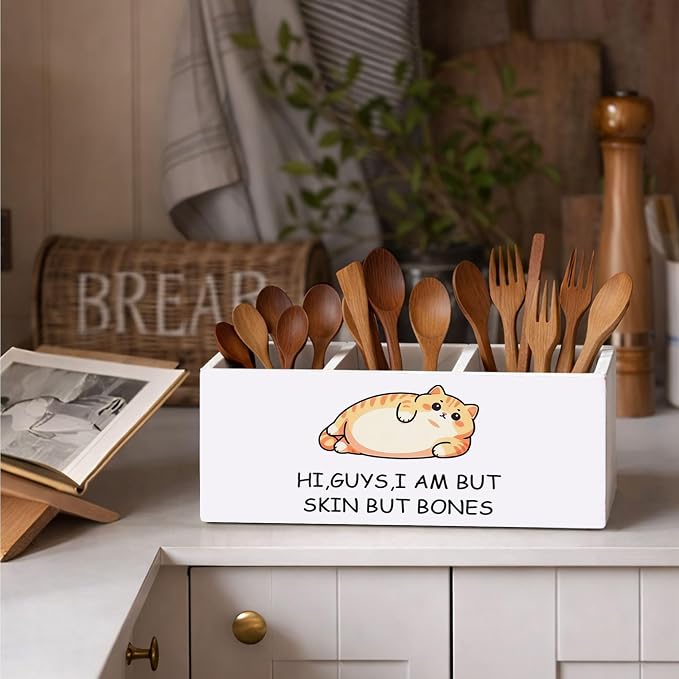Funny Cat Pen Holder, Inch Desk Organizer, “Hi, Guys, I Am But Skin But Bones” Chubby Cat Illustration, Cute Desk Storage for Pens, Pencils, Scissors – Cat Lover Gift