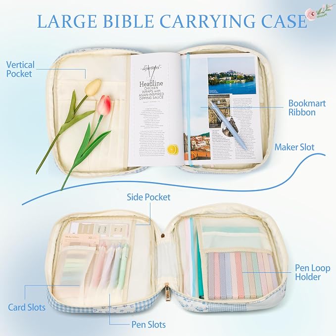 Bible Cover Case for Women Large Quilted Bible Carrying Bag with Handles Bible Study Supplies & Accessories Christian Gifts for Women(Cotton-Blue, M)