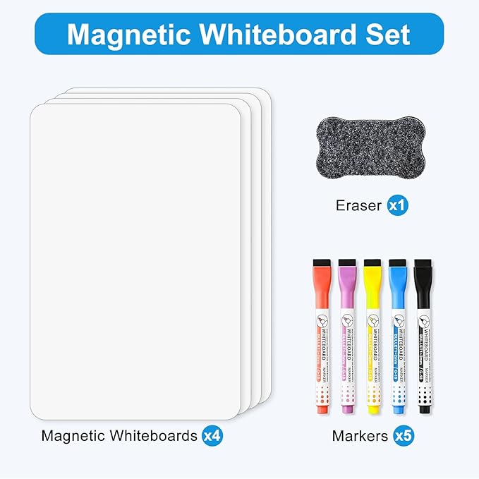 Magnetic Whiteboard for Fridge, 4-Pack Dry Erase Boards (12×8 in) with 5 Markers & Eraser, Strong Magnet & Stain-Resistant Surface, Reusable Message Board for Fridge, Family Planner & Kitchen Notes