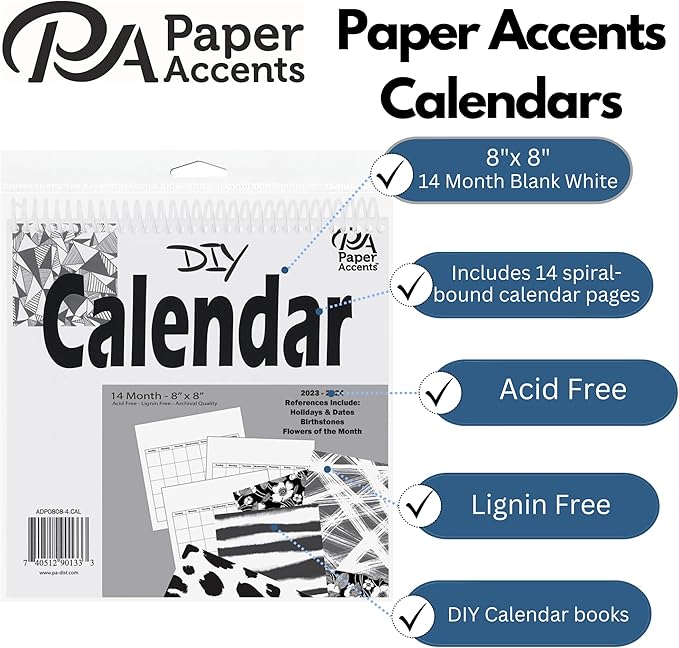 Accent Design Paper Accents DIY 8x8 Blank Calendar – 14-Month White Blank Calendar Sheets for Wall, Desk, or Planner – Undated Customizable Monthly Organizer