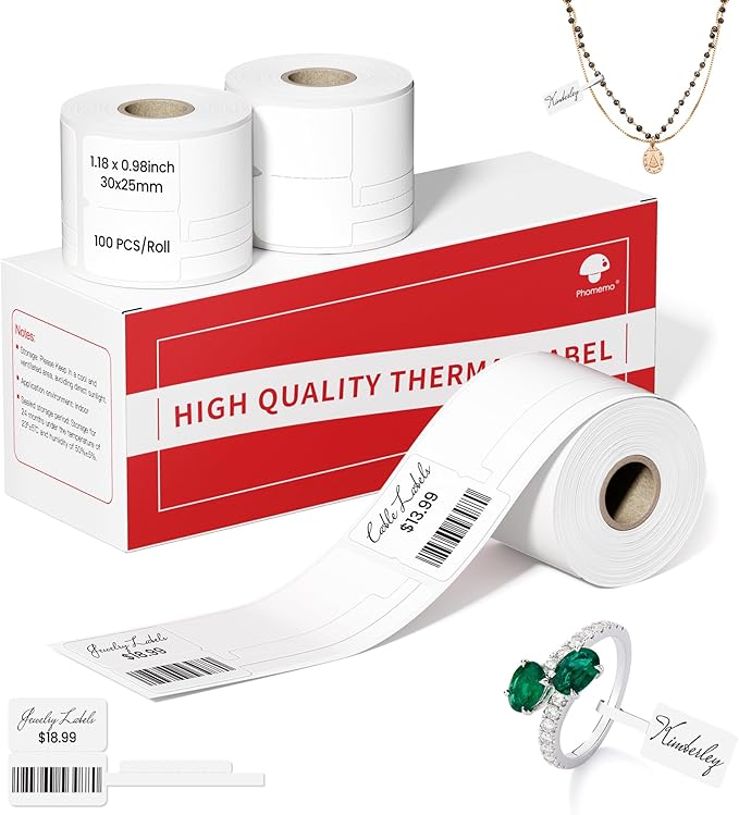 Phomemo Labels,Jewelry Price Tags - Self-Adhesive Sticker Labels Compatible with Phomemo M100/M110/M220 Label Printer,M110 Thermal Label for Cabel, 1.18 x 0.98 Inch (30x25mm+45mm),100PCS x 3 Roll