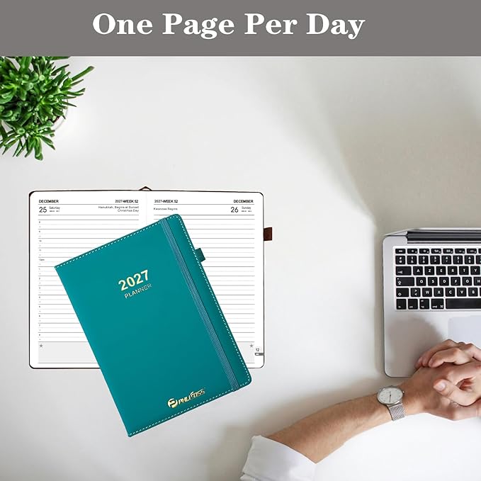 Daily Planner 2027 / Appointment Book, One Page Per Day, Jan - Dec 2027, Annual Daily Monthly Calendar Planner with Hourly Schedule and Monthly Tabs, 5.7" x 8.3" Agenda (Green Lake)