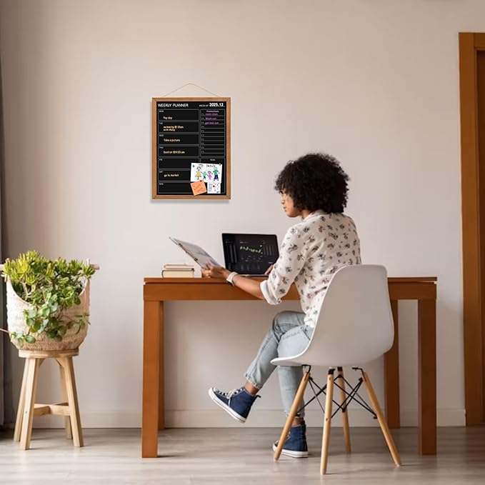 Calendar Weekly Chalkboard, 13" * 17", Magnetic Surface Rustic Brown Solid Pine Wood Frame Black Board for Office, School and Home(ZLHB-QZ-3343)