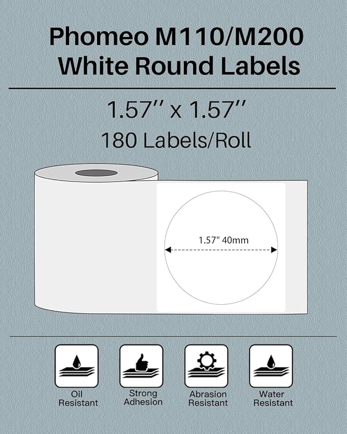 Phomemo Multi-Purpose Self-Adhesive Round Circle Label for Phomemo M110/M110S/M120/M200/M220 Label Maker, 1.57"x 1.57" (40x40mm) Thermal Label for Barcode Labels, DIY Logo Design, Black on White