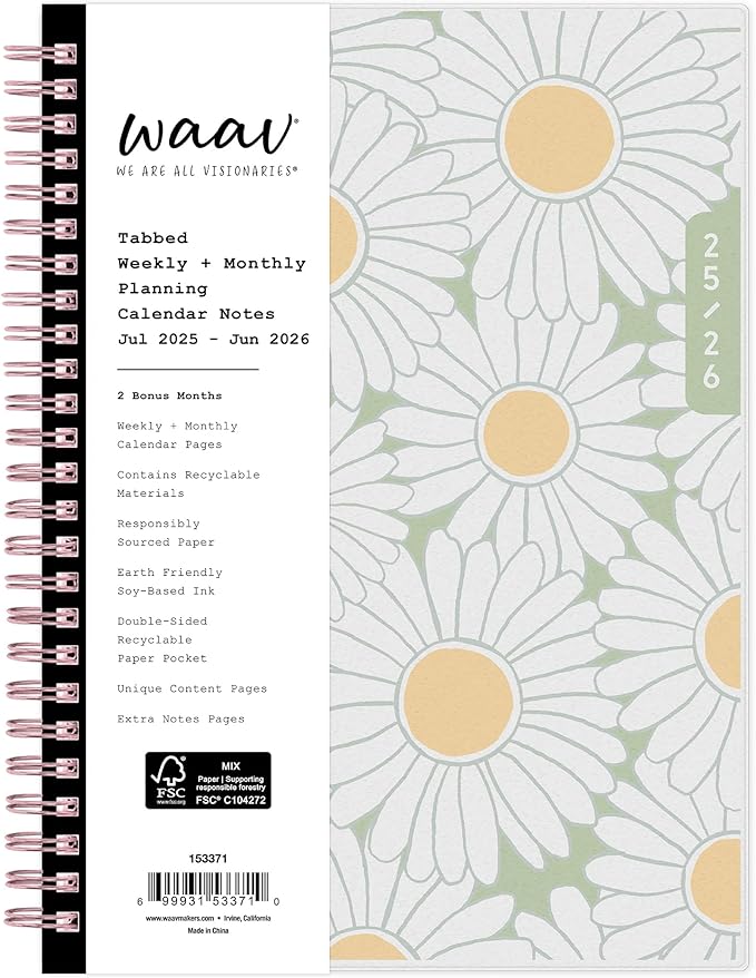 Blue Sky WAAV Weekly and Monthly Academic Year Planner Calendar, July - June, Flexible Cover, Wirebound, Laminated Tabs, Storage Pocket, Includes 20 Extra Notes Pages, Michelle (Michelle- 2025/2026, 5.875" x 8.625")