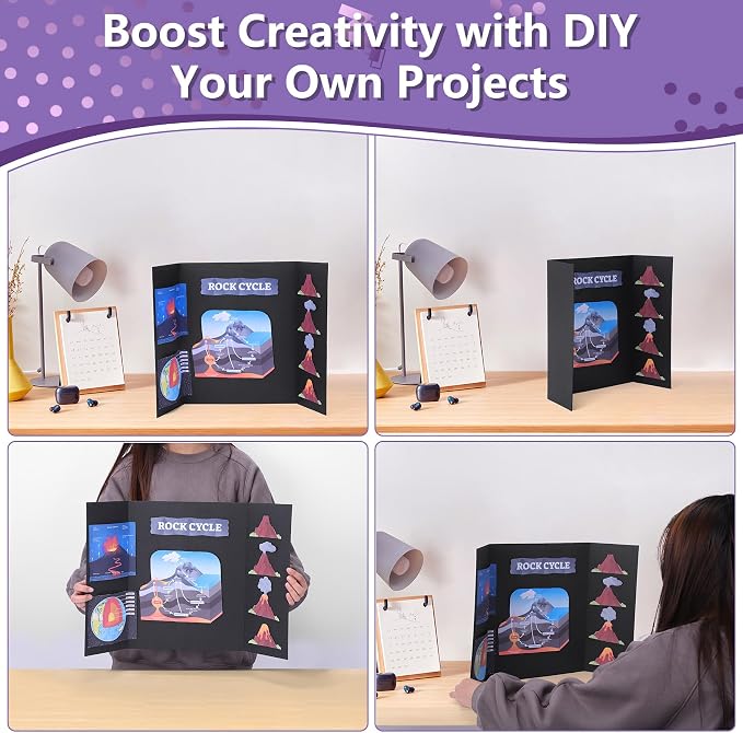 AKONEGE 4 Pack Small Trifold Poster Board 21" x 14" Tri Fold Poster Boards Black Corrugated Cardboard Project Boards for Presentations, School Projects, Science Fair, Exhibition Event Display
