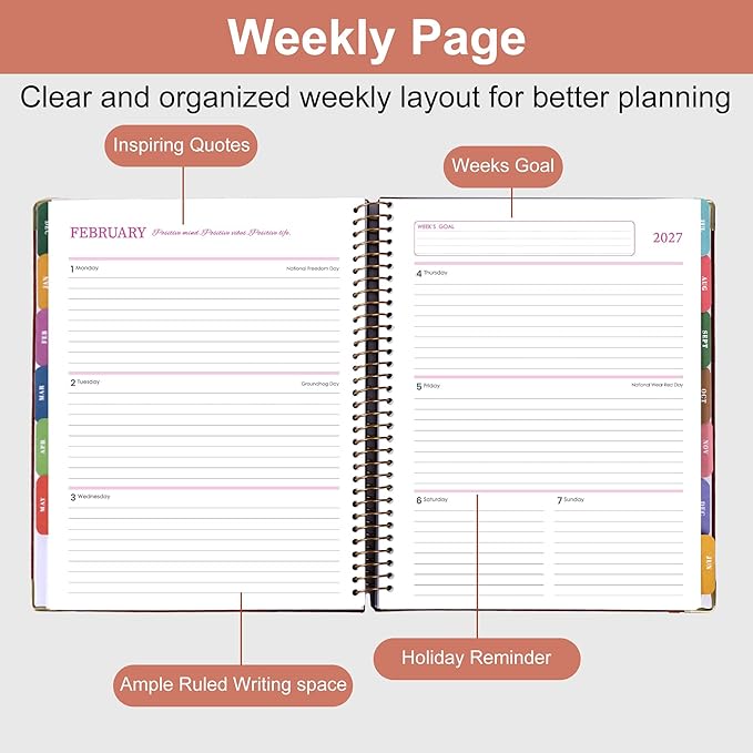 Planner 2026-2027, Leather Two-Tone Planner, 18 Month Weekly and Monthly Planner Calendar with Tabs, Jul 2026–Dec 2027, Large 8.5" x 11" A4 Hardcover Spiral Agenda Planner for Home, School and Work （Pink）