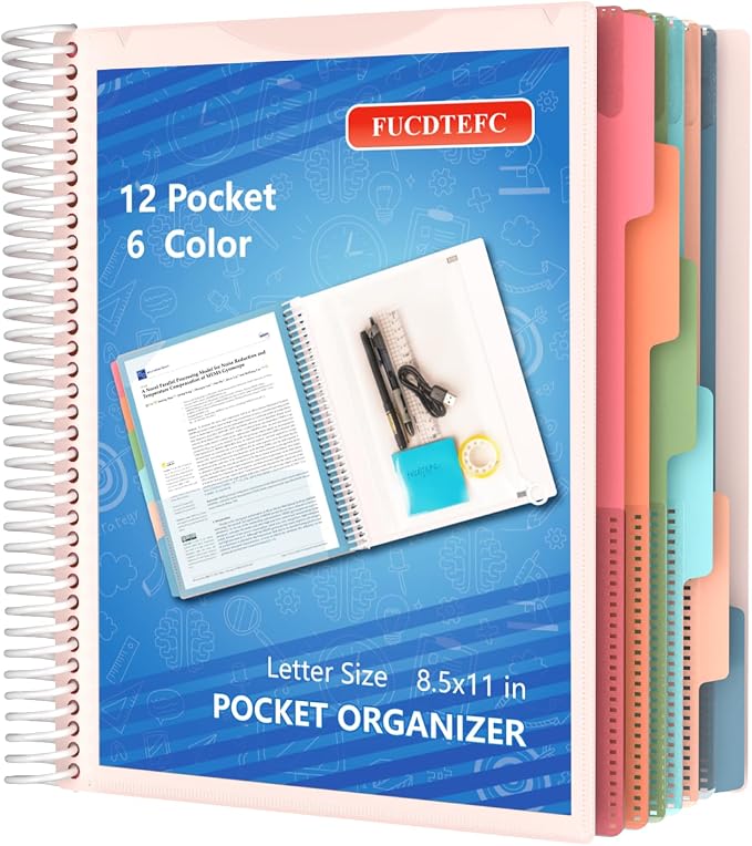 12 Pocket Project Organizer, 6 Color Letter Size Spiral Multi Pocket Folder Organizer, 1/6-cut Tab Poly File Organizer Binder with Dividers,Multi-Subject Notebook Binder School Office Supplies