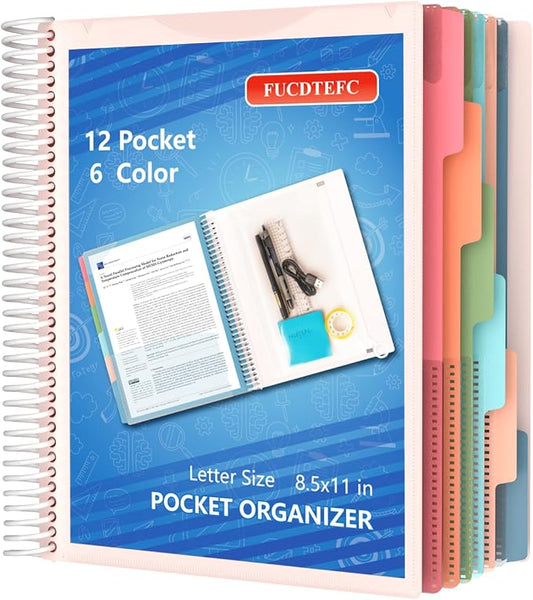 12 Pocket Project Organizer, 6 Color Letter Size Spiral Multi Pocket Folder Organizer, 1/6-cut Tab Poly File Organizer Binder with Dividers,Multi-Subject Notebook Binder School Office Supplies