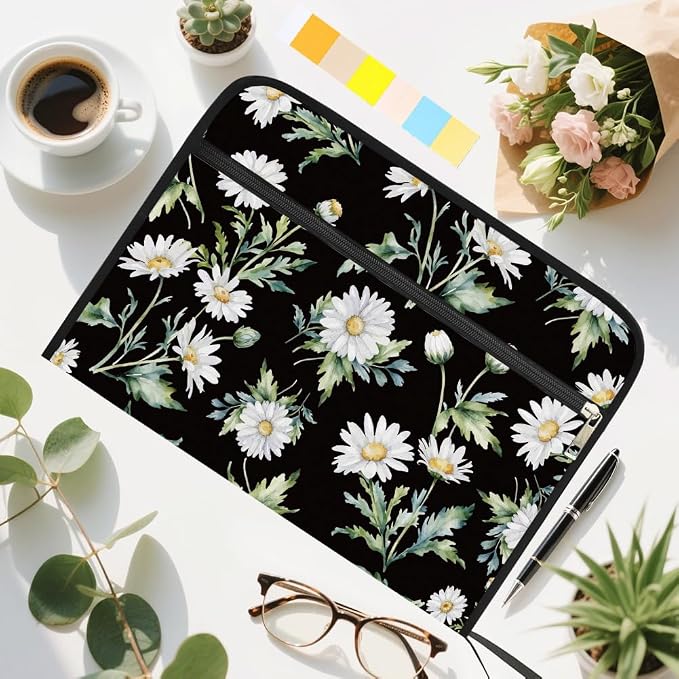 WEBEEDY 13 Pockets Daisy Expanding File Folder Dark Background Flower Expandable File Folder with Labels and Zipper, Portable Accordion Files Organizer for A4 Paper Document Photo Receipt Paperwork