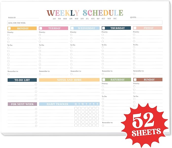 Weekly To Do List Notepad Undated (52 Sheets, 8.5 x 11") – Large Weekly Planner Desk Pad for Work, School & Home, Simple Productivity Organizer - Rainbow Boho