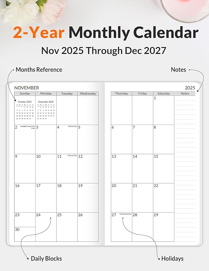 SUNEE Pocket Calendar 2026-2027 - Two Year Monthly Planner Small Calendar 3.5" x 6" Organizer for Daily & Yearly Schedule - Compact Agenda Notebook for School, Work, Women, Greenery