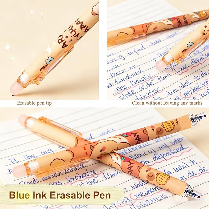 12 Pcs Capybara Pens, Cute Erasable Retractable Pen Erasable Gel Ink Cartoon 0.5mm Fine Point Blue Ink Pen Cartoon Writing Pen (12-pack capybara pens)