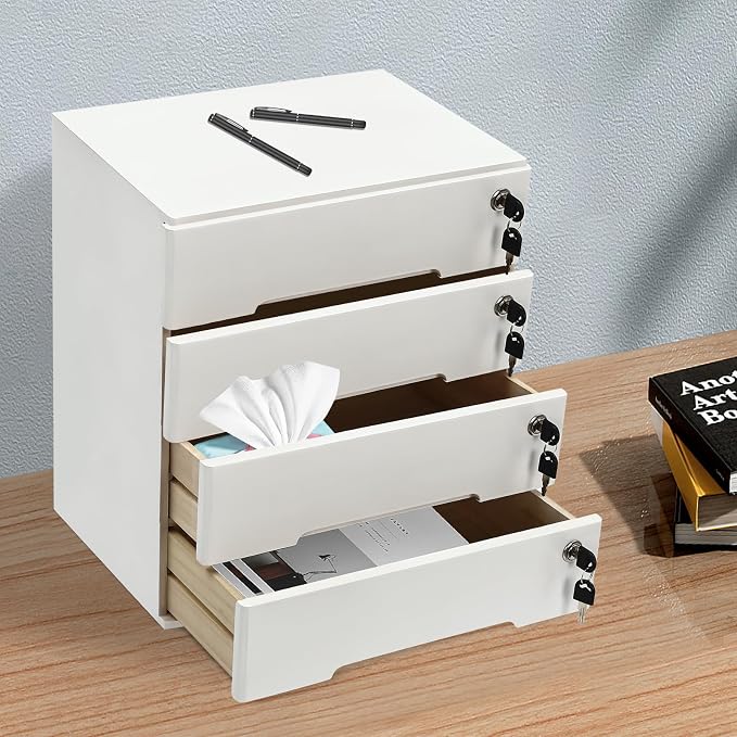 4-Tier Desk Organizer with Lockable Drawers, 4 pairs of Keys, Wooden Desktop Storage Box, Categorized Storage Desktop File Cabinet(White)