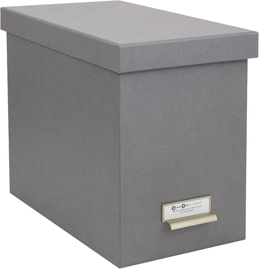 Bigso John Fiberboard Label Frame Desktop File Storage Box - Document Organizer for Important Paperwork - Durable Hanging File Box with a Lid & Metal Label Window - 7.36 x 13.38 x 10.51 in - Grey