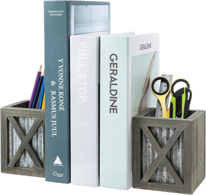 MyGift Vintage Decorative Bookends, Desktop Book Ends with Pen Holder Pencil Cup Stationery Storage Bins for Home Office, Classroom, Dorm Room, Gray Wood with Corrugated Galvanized Metal Accent