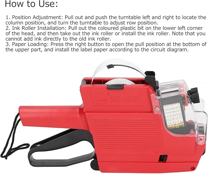 Price Tag Gun, 10 Digits 2 Lines Labeler Marker Attacher Tool for Office Retail Store 2 Row Price Tag Gun Kit with Label Stickers and Ink Rolls (Red)