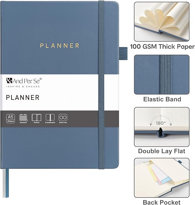 And Per Se Undated Weekly Planner 2026, A5 size Leather Hardcover Planner with Goals & Habit Tracker – ADHD Planner & Productivity Journal (Dark Blue)