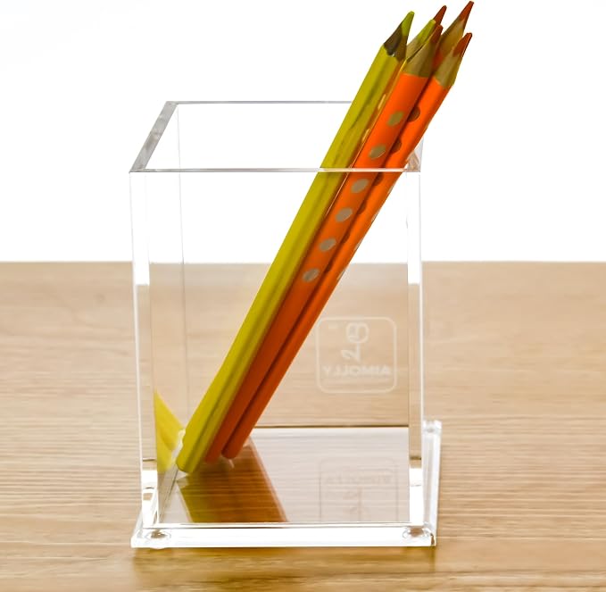 AIMOLLY Clear Acrylic Pencil Pen Holder Cup, Desk Accessories Holder,Makeup Brush Storage Organizer, Modern Design Desktop Stationery Organizer for Office School Home Supplies, 3.1x 3.1x 4.3 inch