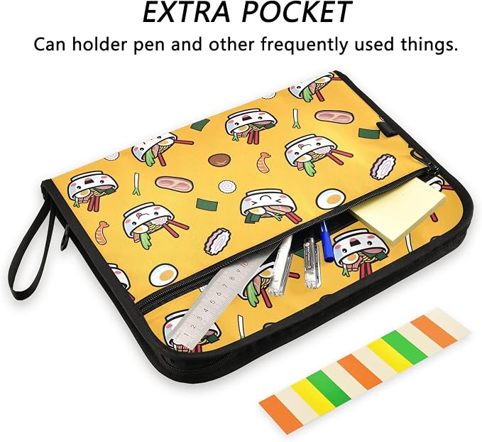 Japanese Food Pattern File Folders,Plastic Folders with 13 Pockets,Expandable File Folder for Documents School Students Office,Aesthetic Folder with Labels A4 Letter Size