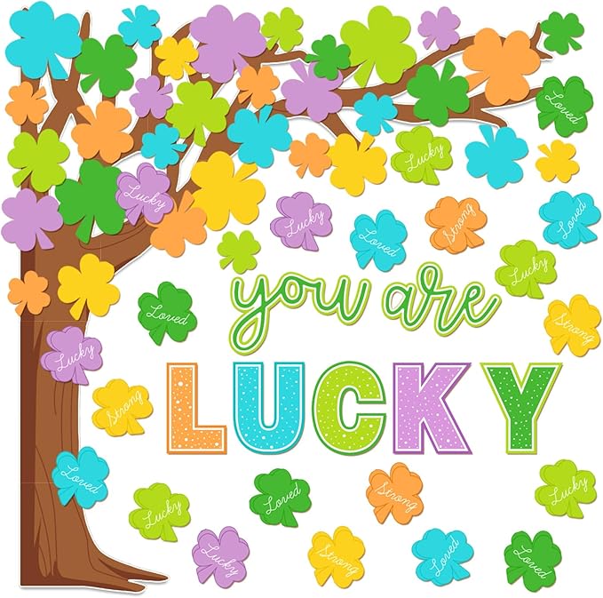 Whaline 99 Pcs St. Patrick's Day Tree Bulletin Board Decoration Colored Shamrock Clover Tree You are Lucky Charm Paper Cutouts with 200 Pcs Glue Points for Irish Party Classroom Wall Decor