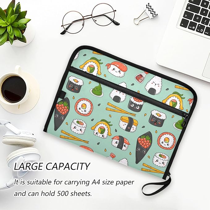 Kawaii Sushi File Folders,Plastic Folders with 13 Pockets,Expandable File Folder for Documents School Students Office,Aesthetic Folder with Labels A4 Letter Size