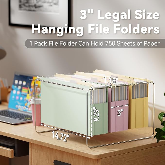 Ansook Legal Size Hanging File Folders,Heavy Duty 3 Inch File Folders Legal Szie, Plastic Hanging Folders for Filling Cabniet,6 Pack Hanging File Folder Organizers with 1/5-Cut Tabs - Assorted Colors