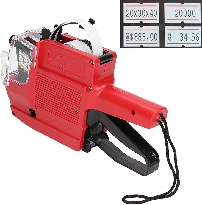 Price Tag Gun, 10 Digits 2 Lines Labeler Marker Attacher Tool for Office Retail Store 2 Row Price Tag Gun Kit with Label Stickers and Ink Rolls (Red)