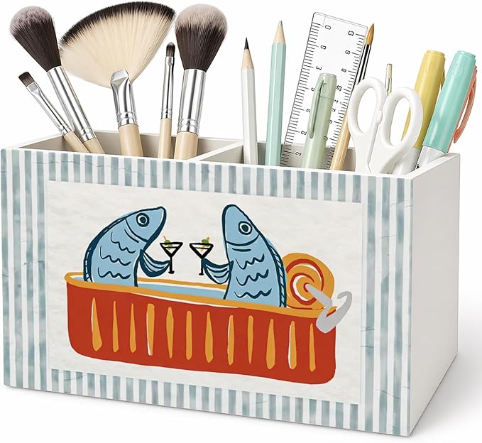 Funny Sardine Fish Pen Pencil Holder for Desk, Coastal Beach Office Decor, Blue Striped Fish Martini Pencil Holders Wooden Box Organizer for Home Bedroom Office Desk Tabletop