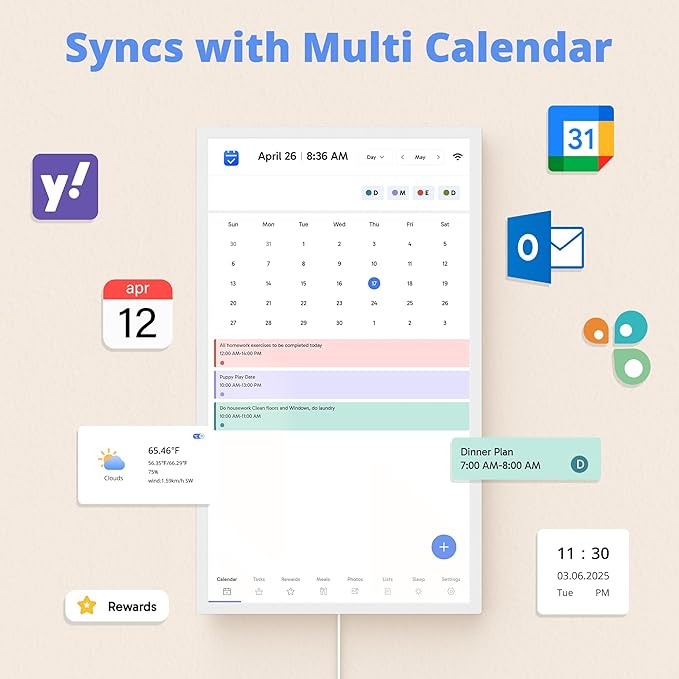 Digital Calendar 24 Inch Touch Screen, Electronic Wall Calendar Chore Chart for Family Monthly/Weekly Planner, Interactive Display Smart Calendar for Home Organization, Desk Mount Included - White