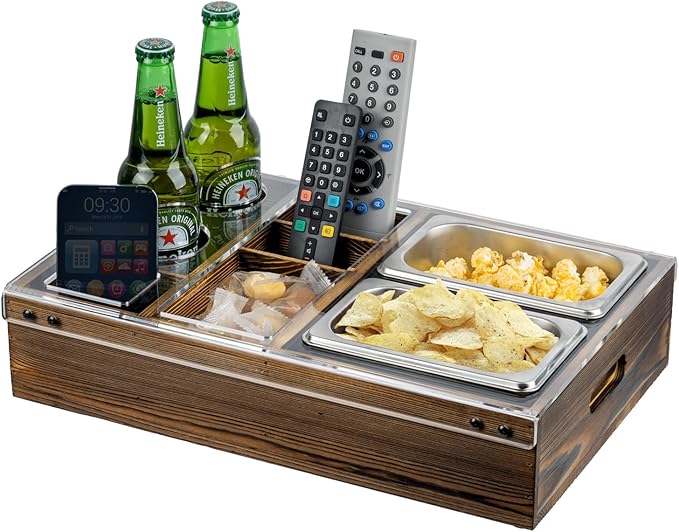 MyGift Couch Caddy Rustic Burnt Solid Wood and Premium Clear Acrylic TV Snack Tray with 2 Stainless Steel Snack Bowls, Dual Cutout Anti-Spill Drink Holders, Remote Control and Cell Phone Slots